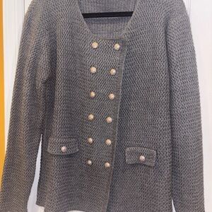 MILAN KISS DARK GRAY DOUBLE BREASTED SWEATER 12 SILVER BUTTONS ACRYLIC WOOL XL